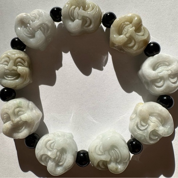 Certified Natural Grade A Myanmar Jade Green Jade Smiling Buddha Men's Bracelet - Picture 13 of 14